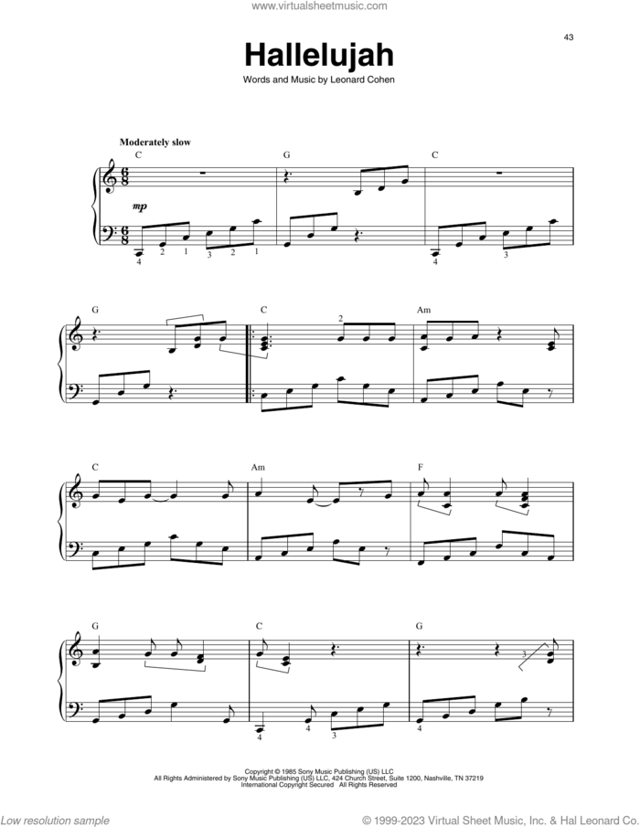 Hallelujah sheet music for harp solo by Leonard Cohen, intermediate skill level
