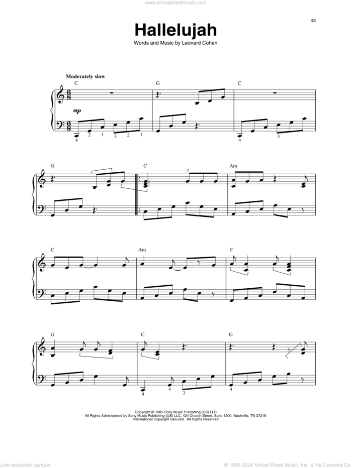 Hallelujah sheet music for harp solo by Leonard Cohen, intermediate skill level