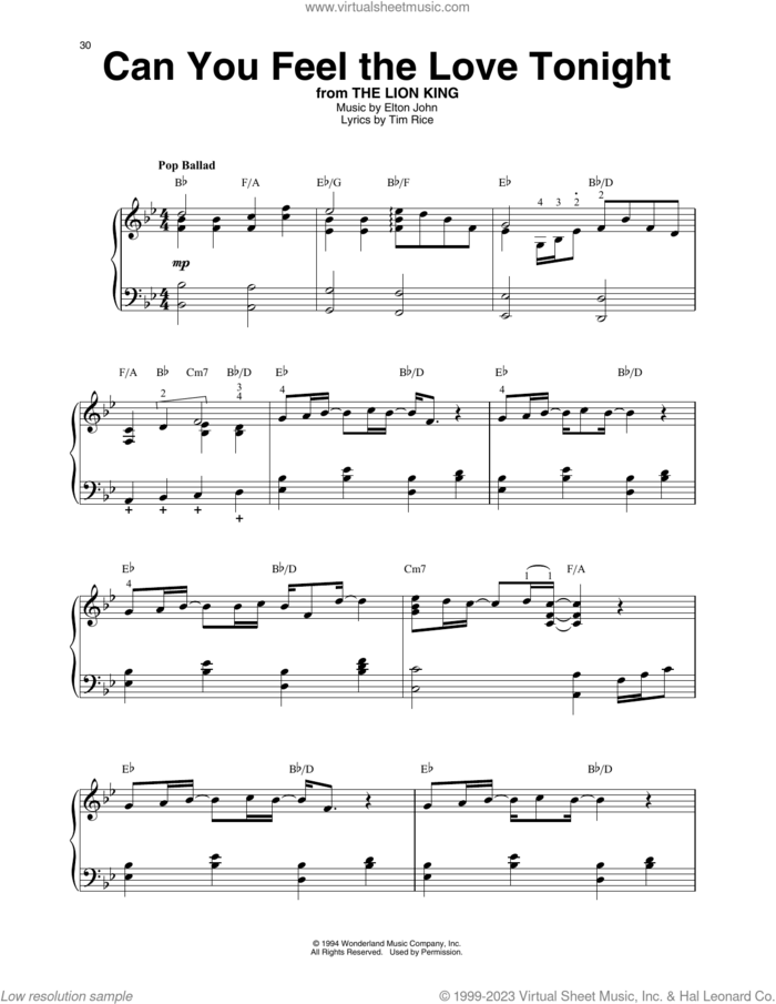 Can You Feel The Love Tonight (from The Lion King) sheet music for harp solo by Elton John and Tim Rice, intermediate skill level