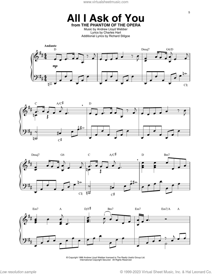 All I Ask Of You (from The Phantom Of The Opera) sheet music for harp solo by Andrew Lloyd Webber, Charles Hart and Richard Stilgoe, intermediate skill level