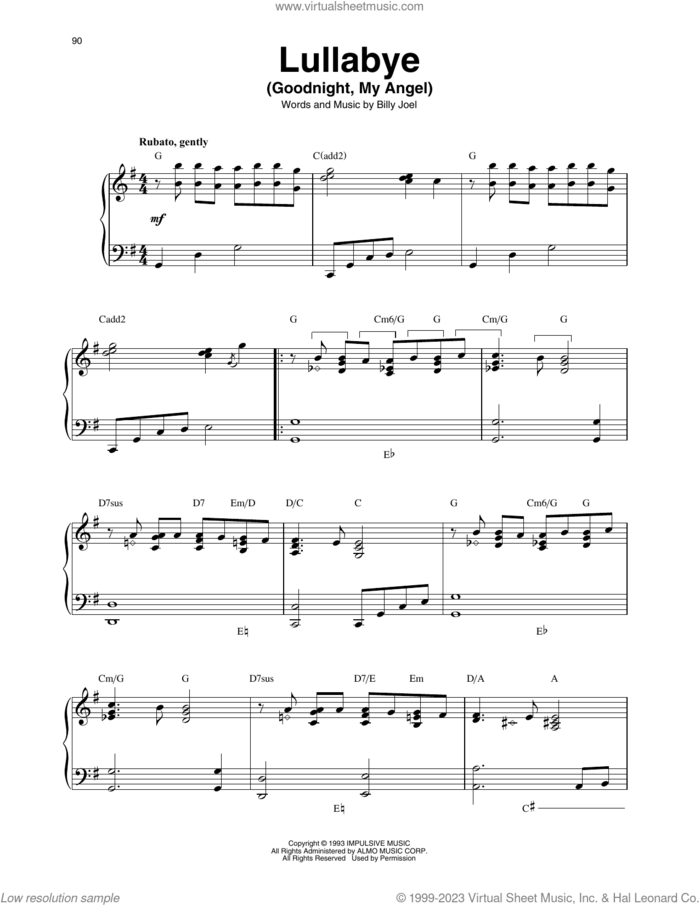 Lullabye (Goodnight, My Angel) sheet music for harp solo by Billy Joel, intermediate skill level