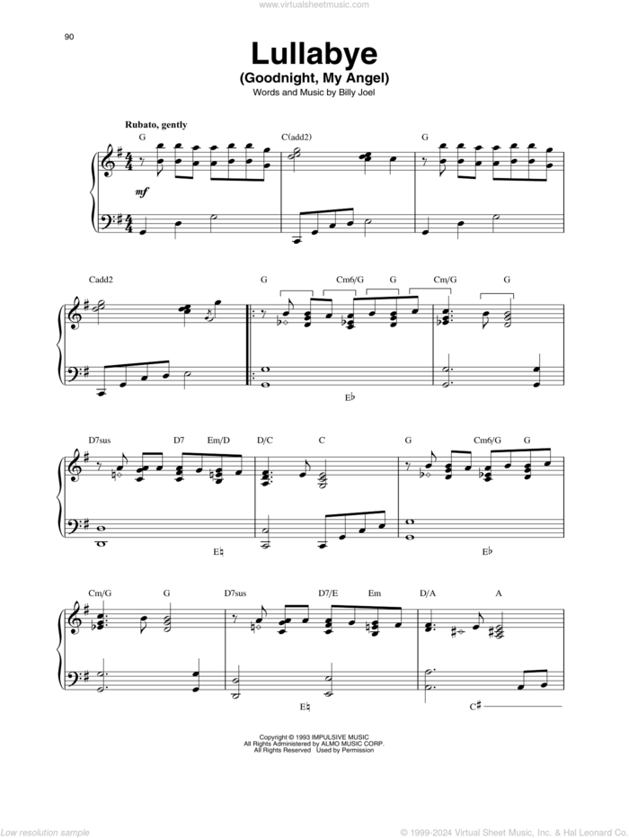 Lullabye (Goodnight, My Angel) sheet music for harp solo by Billy Joel, intermediate skill level