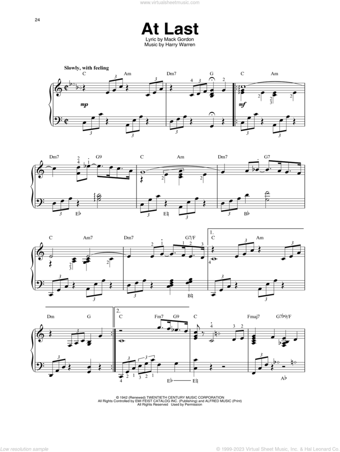 At Last sheet music for harp solo by Etta James, Harry Warren and Mack Gordon, wedding score, intermediate skill level