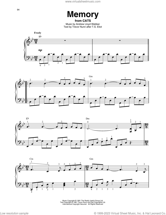 Memory (from Cats) sheet music for harp solo by Andrew Lloyd Webber and Trevor Nunn, intermediate skill level