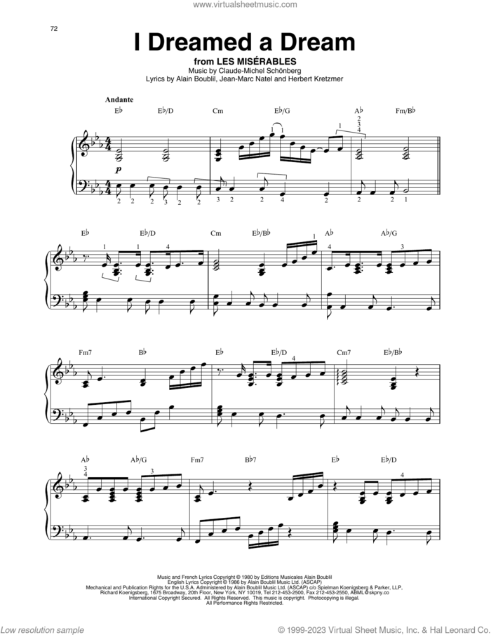 I Dreamed A Dream (from Les Miserables) sheet music for harp solo by Alain Boublil, Boublil & Schonberg, Claude-Michel Schonberg, Herbert Kretzmer and Jean-Marc Natel, intermediate skill level