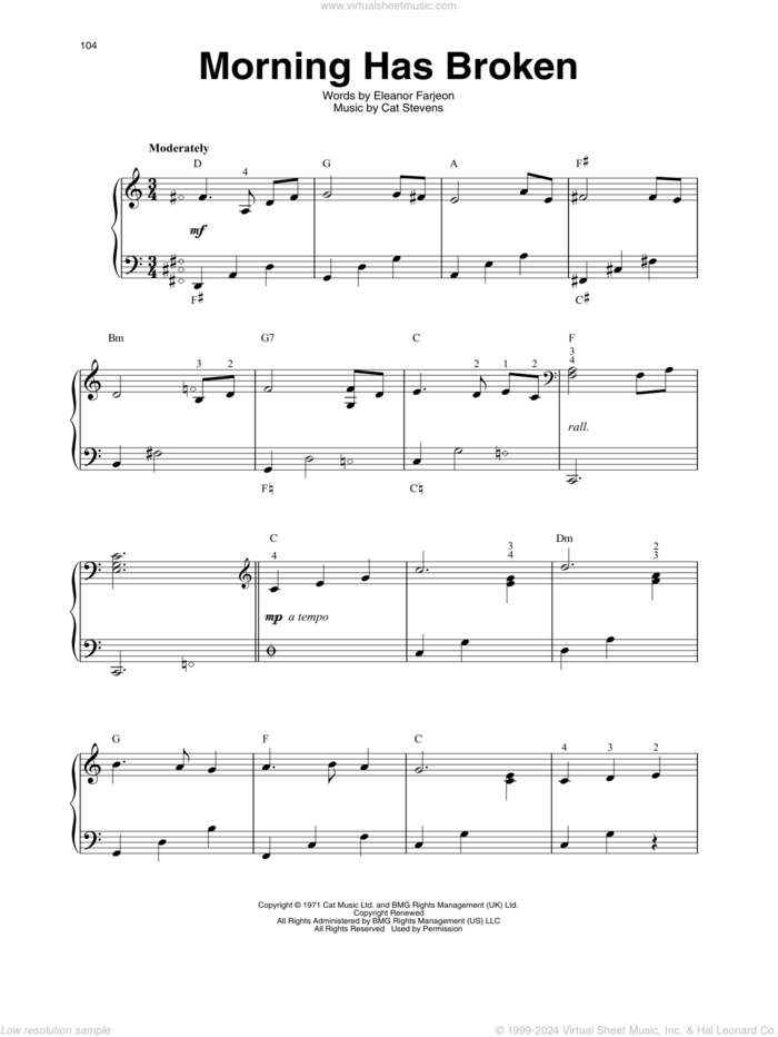 Morning Has Broken sheet music for harp solo by Cat Stevens and Eleanor Farjeon, intermediate skill level