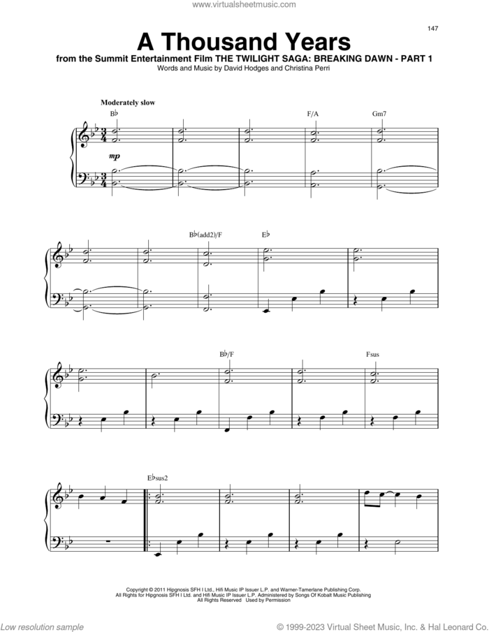A Thousand Years sheet music for harp solo by Christina Perri and David Hodges, wedding score, intermediate skill level