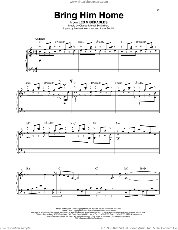 Bring Him Home (from Les Miserables) sheet music for harp solo by Alain Boublil, Boublil & Schonberg, Claude-Michel Schonberg and Herbert Kretzmer, intermediate skill level