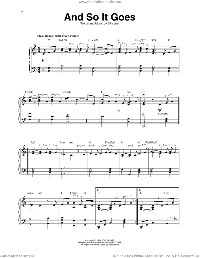And So It Goes sheet music for harp solo by Billy Joel, intermediate skill level