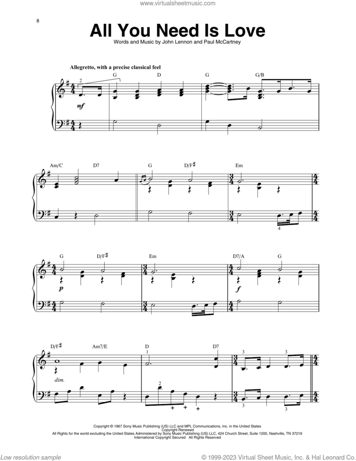 All You Need Is Love sheet music for harp solo by The Beatles, John Lennon and Paul McCartney, intermediate skill level