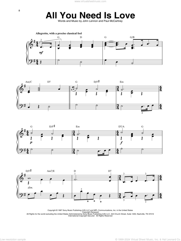 All You Need Is Love sheet music for harp solo by The Beatles, John Lennon and Paul McCartney, intermediate skill level