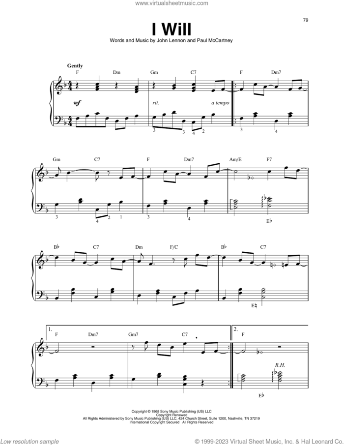 I Will sheet music for harp solo by The Beatles, John Lennon and Paul McCartney, intermediate skill level