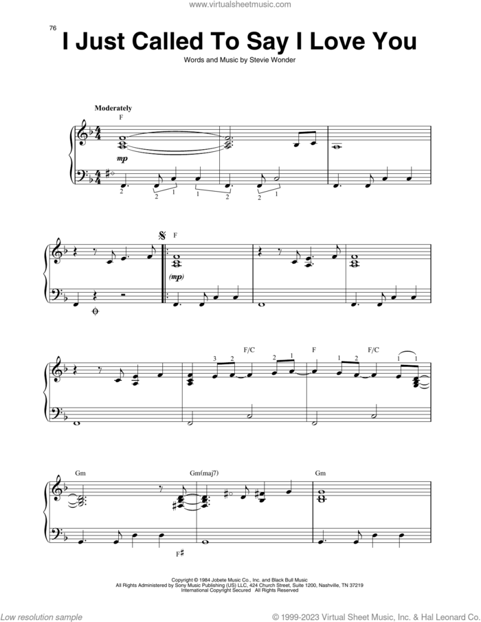 I Just Called To Say I Love You sheet music for harp solo by Stevie Wonder, intermediate skill level