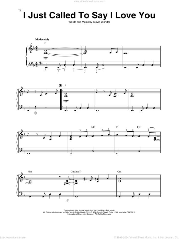 I Just Called To Say I Love You sheet music for harp solo by Stevie Wonder, intermediate skill level