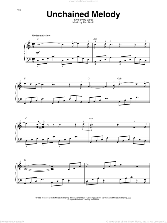 Unchained Melody sheet music for harp solo by The Righteous Brothers, Alex North and Hy Zaret, intermediate skill level