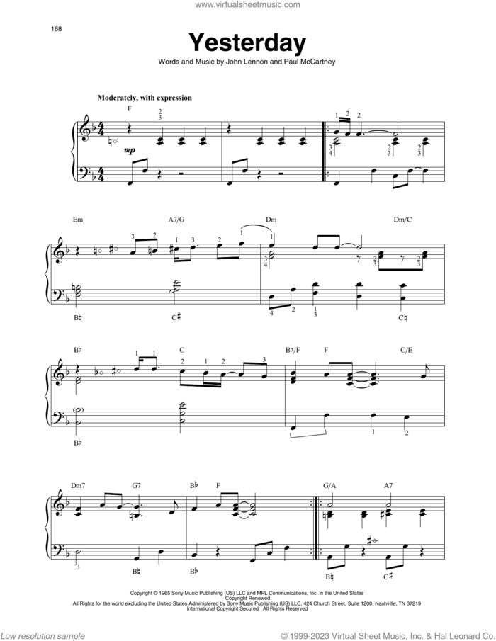 Yesterday sheet music for harp solo by The Beatles, John Lennon and Paul McCartney, intermediate skill level