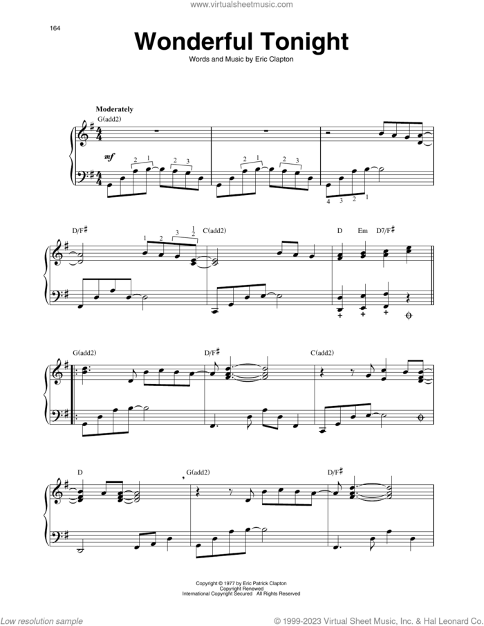 Wonderful Tonight sheet music for harp solo by Eric Clapton, intermediate skill level