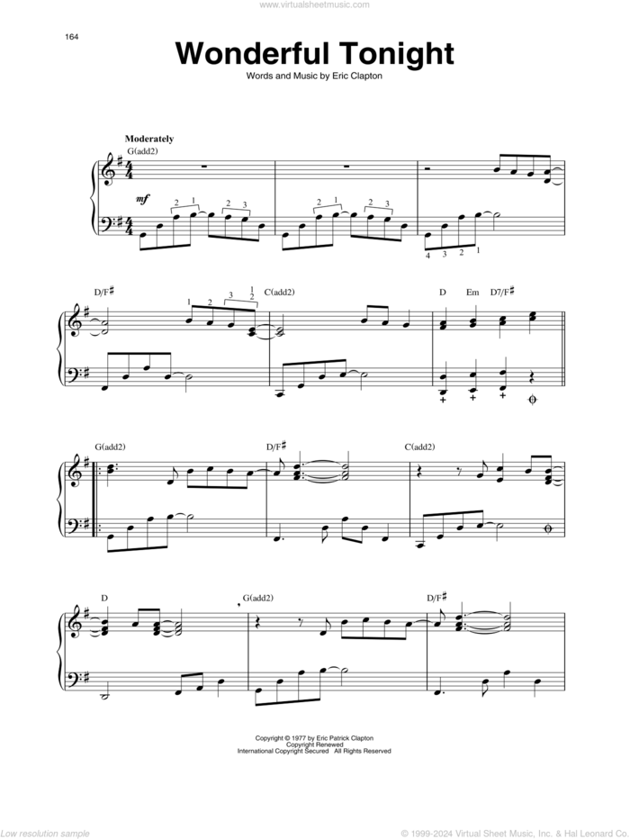 Wonderful Tonight sheet music for harp solo by Eric Clapton, intermediate skill level