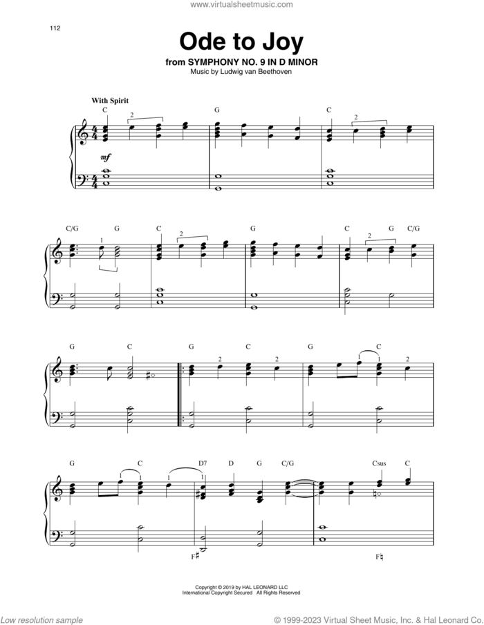 Ode To Joy sheet music for harp solo by Ludwig van Beethoven and Henry van Dyke, classical wedding score, intermediate skill level