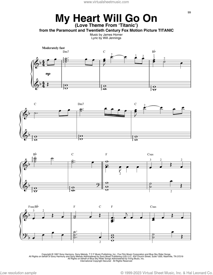 My Heart Will Go On (Love Theme from Titanic) sheet music for harp solo by Celine Dion, James Horner and Will Jennings, intermediate skill level