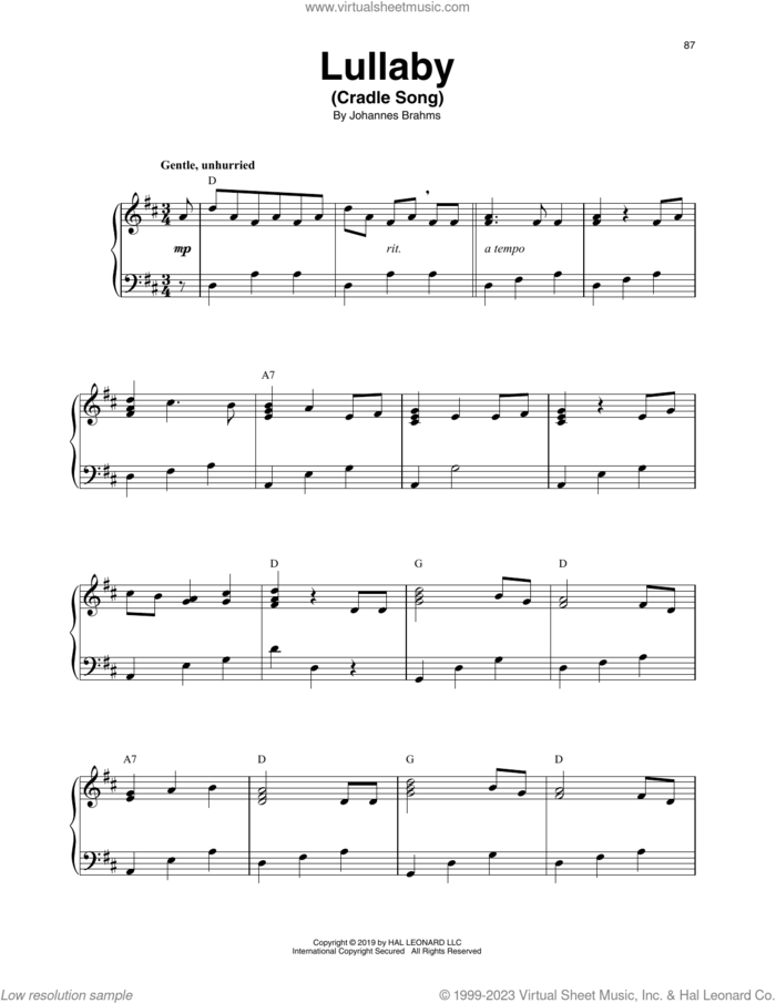 Lullaby (Cradle Song) sheet music for harp solo by Johannes Brahms, classical score, intermediate skill level
