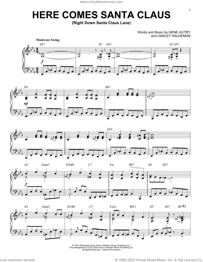 Here Comes Santa Claus [Boogie Woogie version] (arr. Brent Edstrom) sheet music for piano solo by Gene Autry, Brent Edstrom and Oakley Haldeman, intermediate skill level
