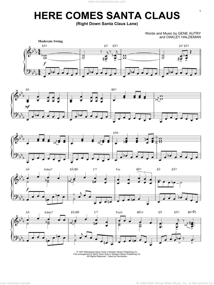 Here Comes Santa Claus [Boogie Woogie version] (arr. Brent Edstrom) sheet music for piano solo by Gene Autry, Brent Edstrom and Oakley Haldeman, intermediate skill level