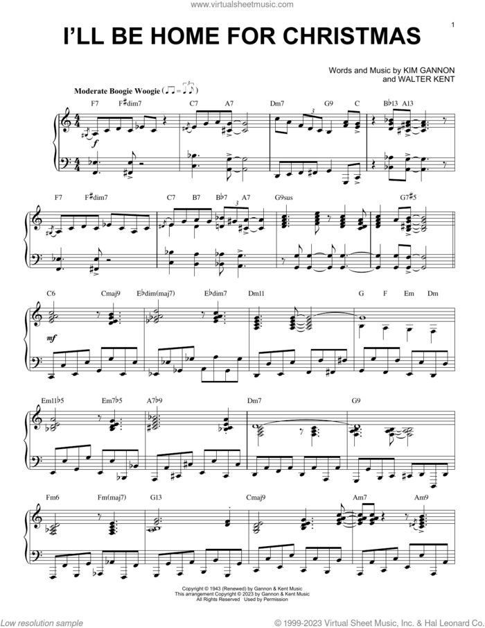 I'll Be Home For Christmas [Boogie Woogie version] (arr. Brent Edstrom) sheet music for piano solo by Kim Gannon, Brent Edstrom and Walter Kent, intermediate skill level