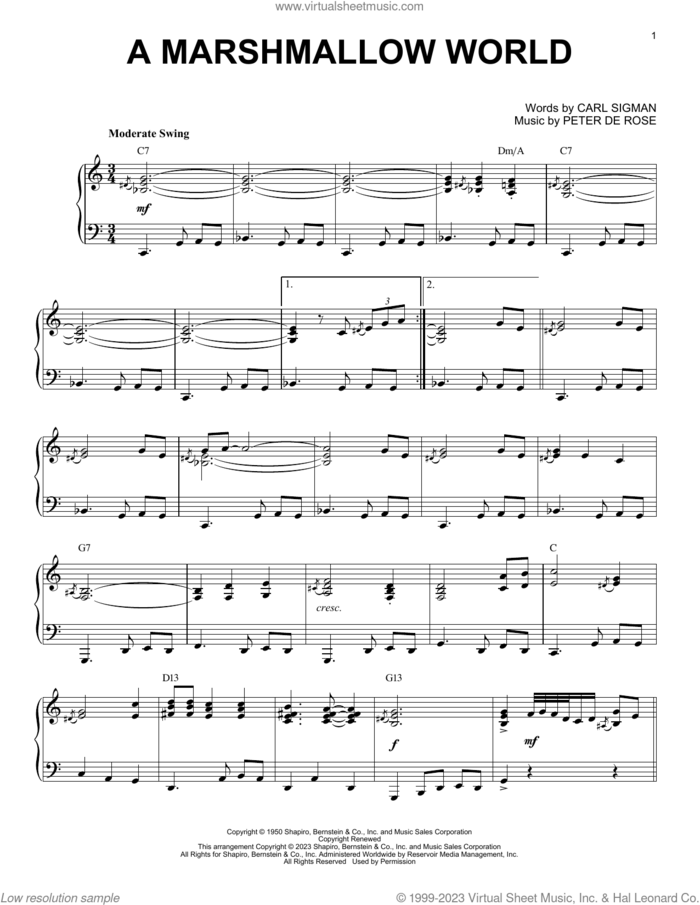 A Marshmallow World [Boogie Woogie version] (arr. Brent Edstrom) sheet music for piano solo by Carl Sigman, Brent Edstrom and Peter DeRose, intermediate skill level