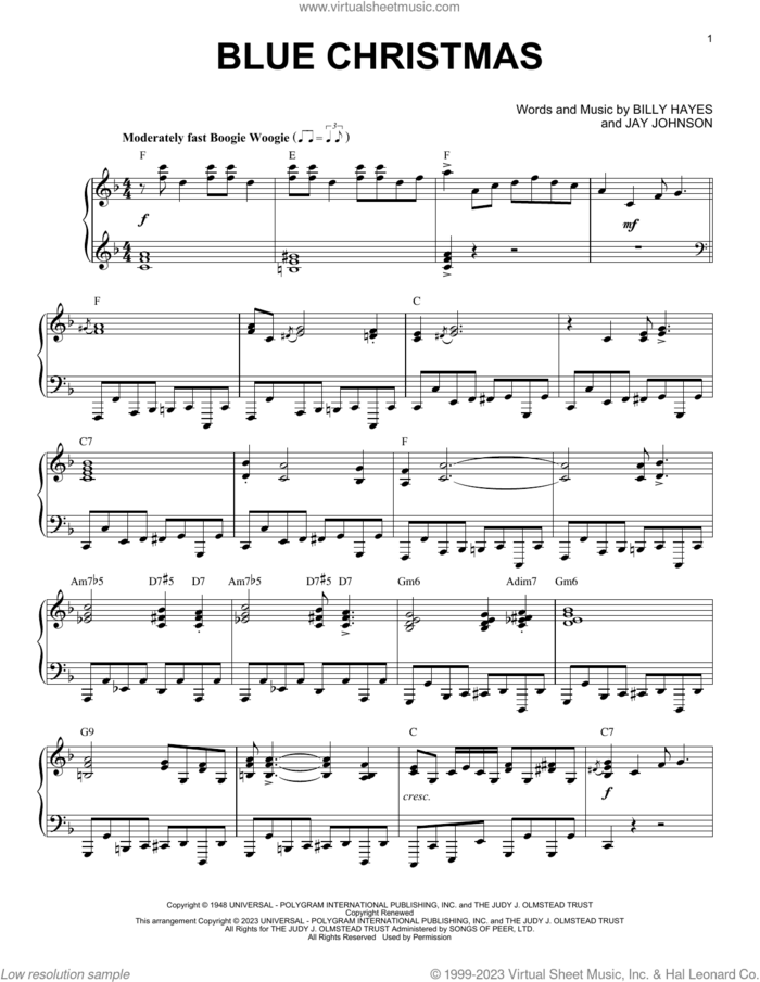 Blue Christmas [Boogie Woogie version] (arr. Brent Edstrom) sheet music for piano solo by Elvis Presley, Brent Edstrom, Billy Hayes and Jay Johnson, intermediate skill level