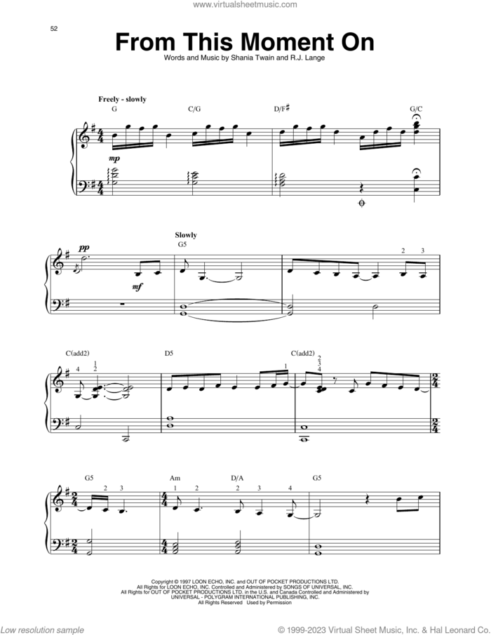 From This Moment On sheet music for harp solo by Shania Twain and Robert John Lange, intermediate skill level