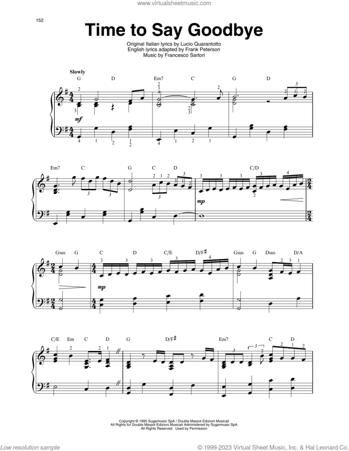 Time To Say Goodbye sheet music for harp solo by Andrea Bocelli & Sarah Brightman, Francesco Sartori, Frank Peterson and Lucio Quarantotto, classical score, intermediate skill level