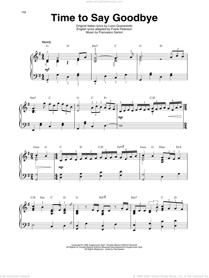 Time To Say Goodbye sheet music for harp solo by Andrea Bocelli & Sarah Brightman, Francesco Sartori, Frank Peterson and Lucio Quarantotto, classical score, intermediate skill level