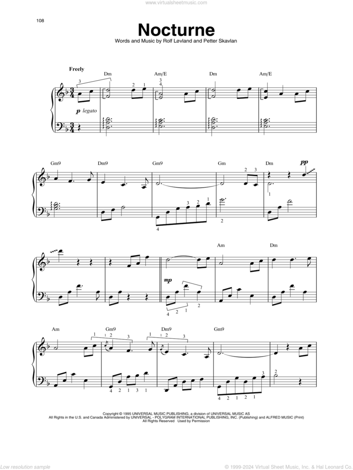 Nocturne sheet music for harp solo by Secret Garden, Petter Skavlan and Rolf Lovland, intermediate skill level