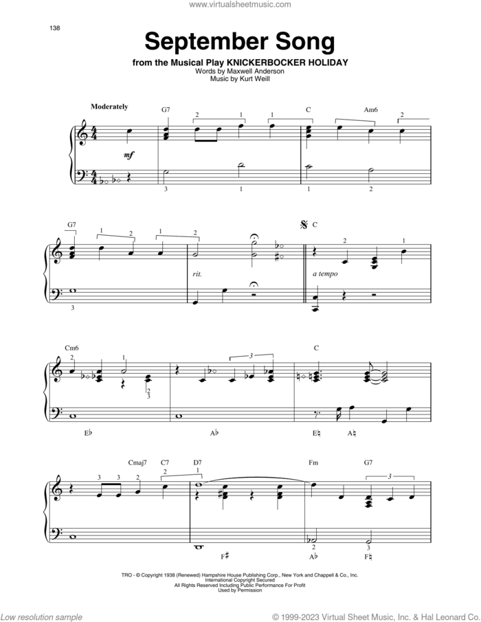 September Song sheet music for harp solo by Frank Sinatra, Jimmy Durante, Willie Nelson, Kurt Weill and Maxwell Anderson, intermediate skill level