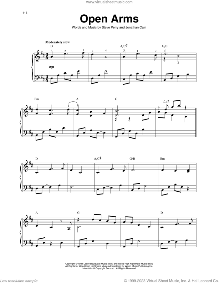 Open Arms sheet music for harp solo by Journey, Jonathan Cain and Steve Perry, intermediate skill level