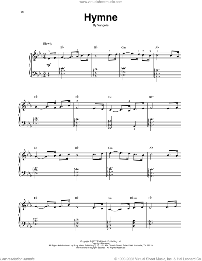 Hymne sheet music for harp solo by Vangelis, intermediate skill level