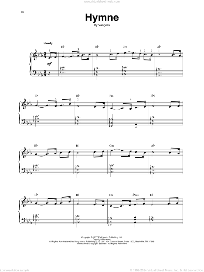 Hymne sheet music for harp solo by Vangelis, intermediate skill level