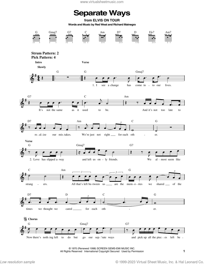 Separate Ways sheet music for guitar solo (chords) by Elvis Presley, Red West and Richard Mainegra, easy guitar (chords)