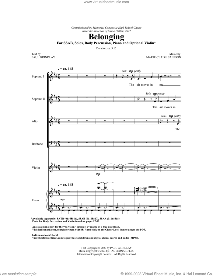 Belonging sheet music for choir (SSAB) by Marie-Clairé Saindon and Paul Grindlay, intermediate skill level