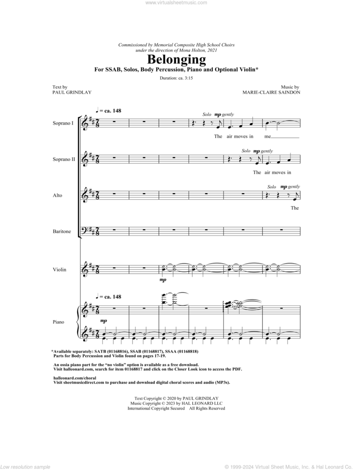 Belonging sheet music for choir (SSAB) by Marie-Clairé Saindon and Paul Grindlay, intermediate skill level