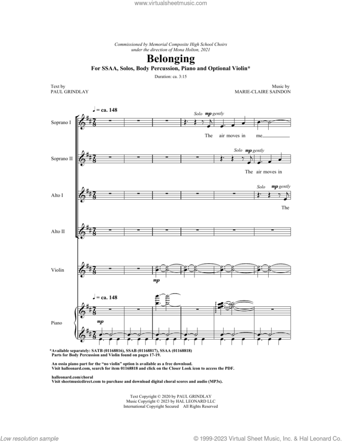 Belonging sheet music for choir (SSAA: soprano, alto) by Marie-Clairé Saindon and Paul Grindlay, intermediate skill level