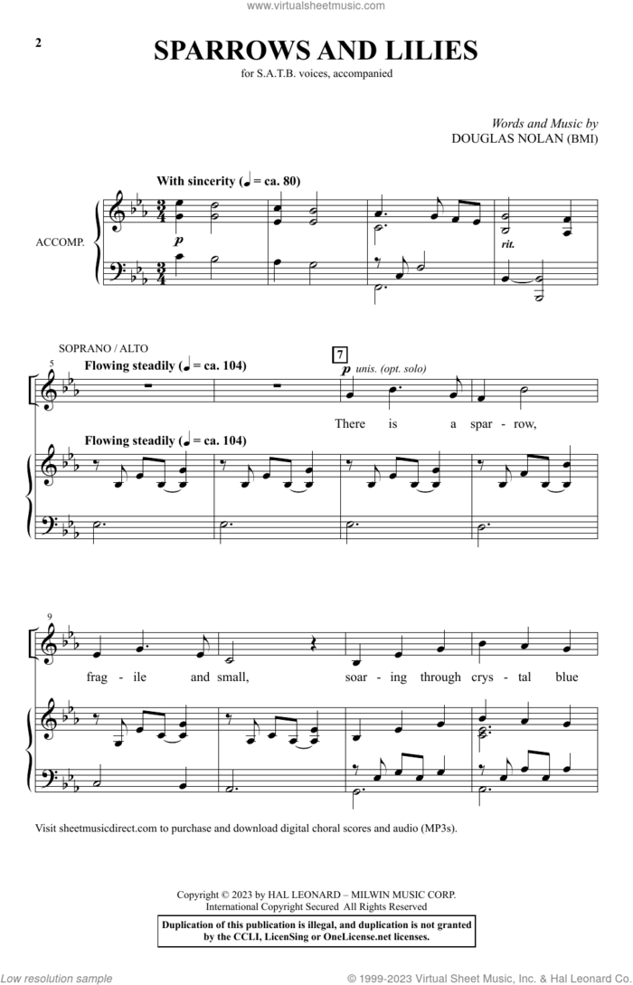 Sparrows And Lilies sheet music for choir (SATB: soprano, alto, tenor, bass) by Douglas Nolan, intermediate skill level