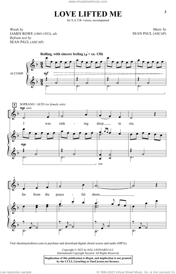 Love Lifted Me sheet music for choir (SATB: soprano, alto, tenor, bass) by Sean Paul and James Rowe, intermediate skill level
