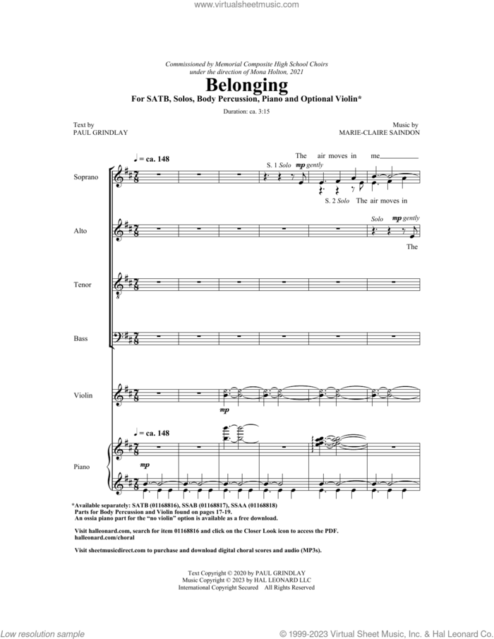 Belonging sheet music for choir (SATB: soprano, alto, tenor, bass) by Marie-Clairé Saindon and Paul Grindlay, intermediate skill level
