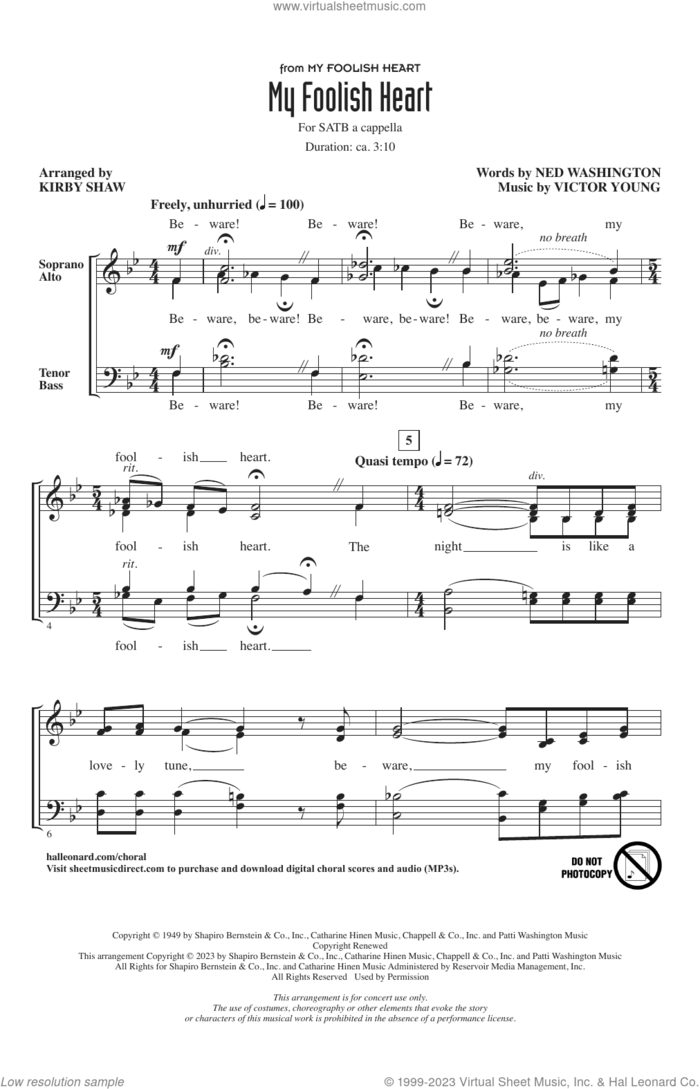 My Foolish Heart (arr. Kirby Shaw) sheet music for choir (SATB: soprano, alto, tenor, bass) by Ned Washington & Victor Young, Kirby Shaw, Demensions, Ned Washington and Victor Young, intermediate skill level