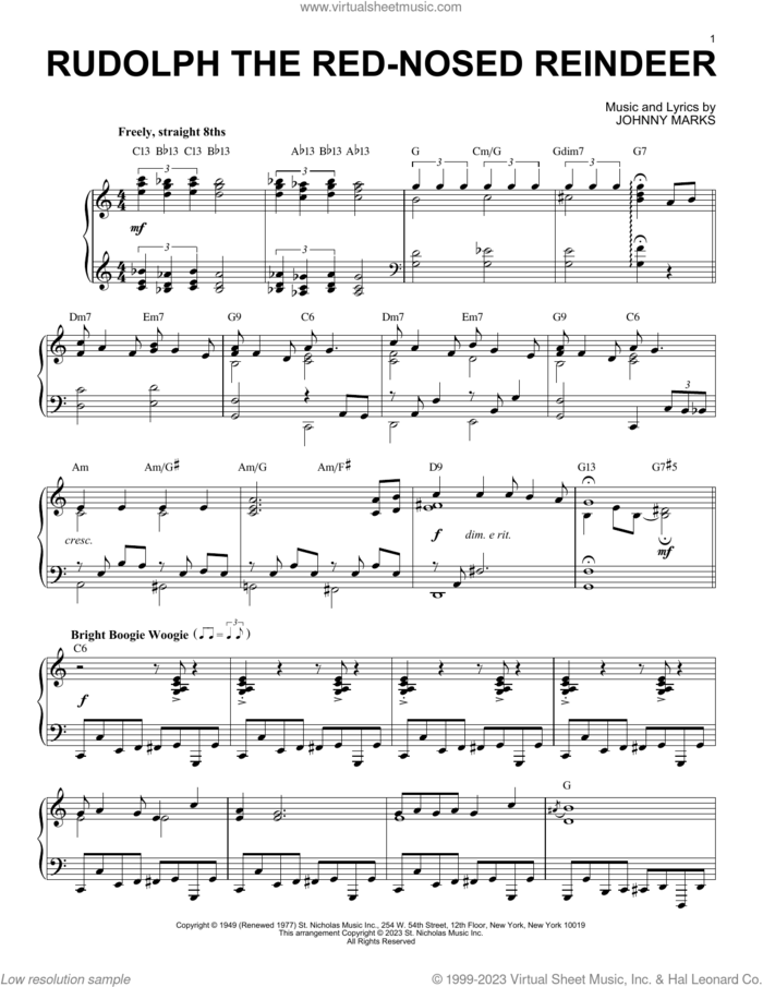 Rudolph The Red-Nosed Reindeer [Boogie Woogie version] (arr. Brent Edstrom) sheet music for piano solo by Johnny Marks and Brent Edstrom, intermediate skill level