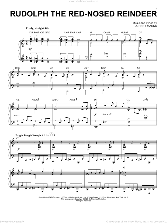 Rudolph The Red-Nosed Reindeer [Boogie Woogie version] (arr. Brent Edstrom) sheet music for piano solo by Johnny Marks and Brent Edstrom, intermediate skill level