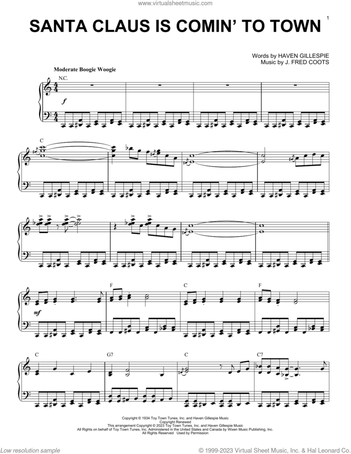 Santa Claus Is Comin' To Town [Boogie Woogie version] (arr. Brent Edstrom) sheet music for piano solo by J. Fred Coots, Brent Edstrom and Haven Gillespie, intermediate skill level