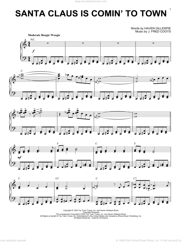 Santa Claus Is Comin' To Town [Boogie Woogie version] (arr. Brent Edstrom) sheet music for piano solo by J. Fred Coots, Brent Edstrom and Haven Gillespie, intermediate skill level